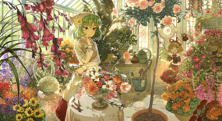2girls, :d, absurdly_detailed_composition, apron, backlighting, black_shirt, blonde_hair, blouse, blue_eyes, botanical_garden, bow, bowtie, chair, closed_mouth, dahuang, day, doll, flower, green_hair, hair_flower, hair_ornament, hair_ribbon, half-closed_eye, hand_on_own_chin, hand_up, hands_up, highres, holding, holding_flower, hollyhock, indoors, kazami_yuuka, light_smile, loaded_interior, long_sleeves, looking_at_another, medicine_melancholy, multiple_girls, open_mouth, plant, puffy_short_sleeves, puffy_sleeves, red_eyes, red_neckwear, red_skirt, ribbon, rose, scenery, shirt, short_hair, short_sleeves, skirt, smile, stained_glass, standing, su-san, sunflower, sunflower_hair_ornament, table, thinking, touhou, uneven_eyes, white_shirt, window, wings