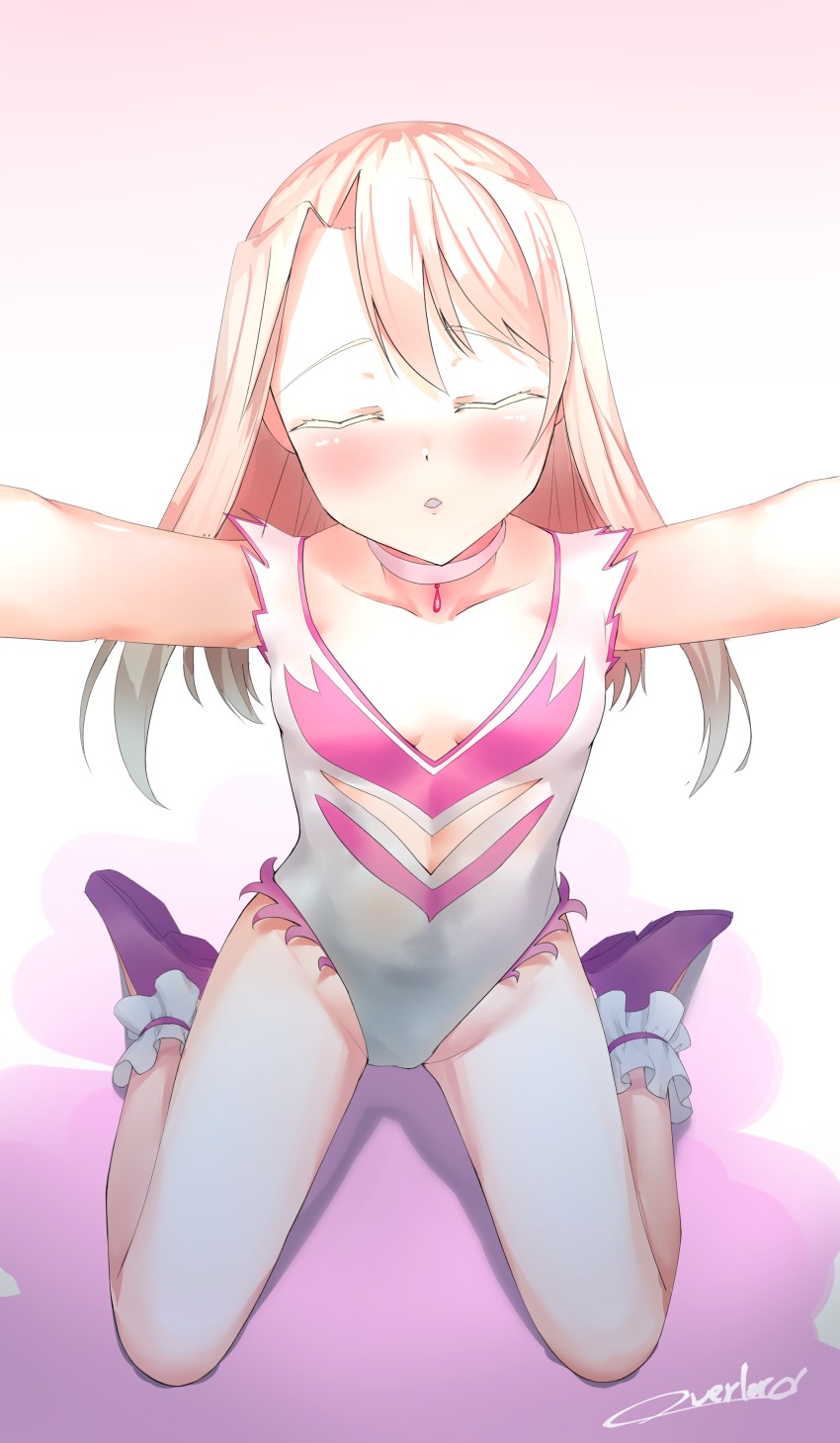 1girl, absurdres, angel_leotard, blonde_hair, blush, breasts, choker, closed_eyes