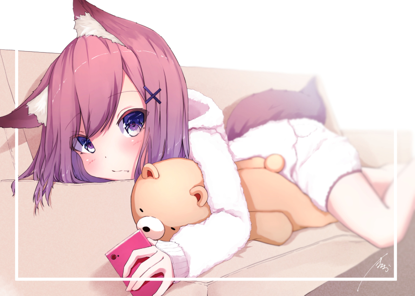 1girl, absurdres, animal_ears, blue_eyes, blurry, brown_hair, cellphone, couch
