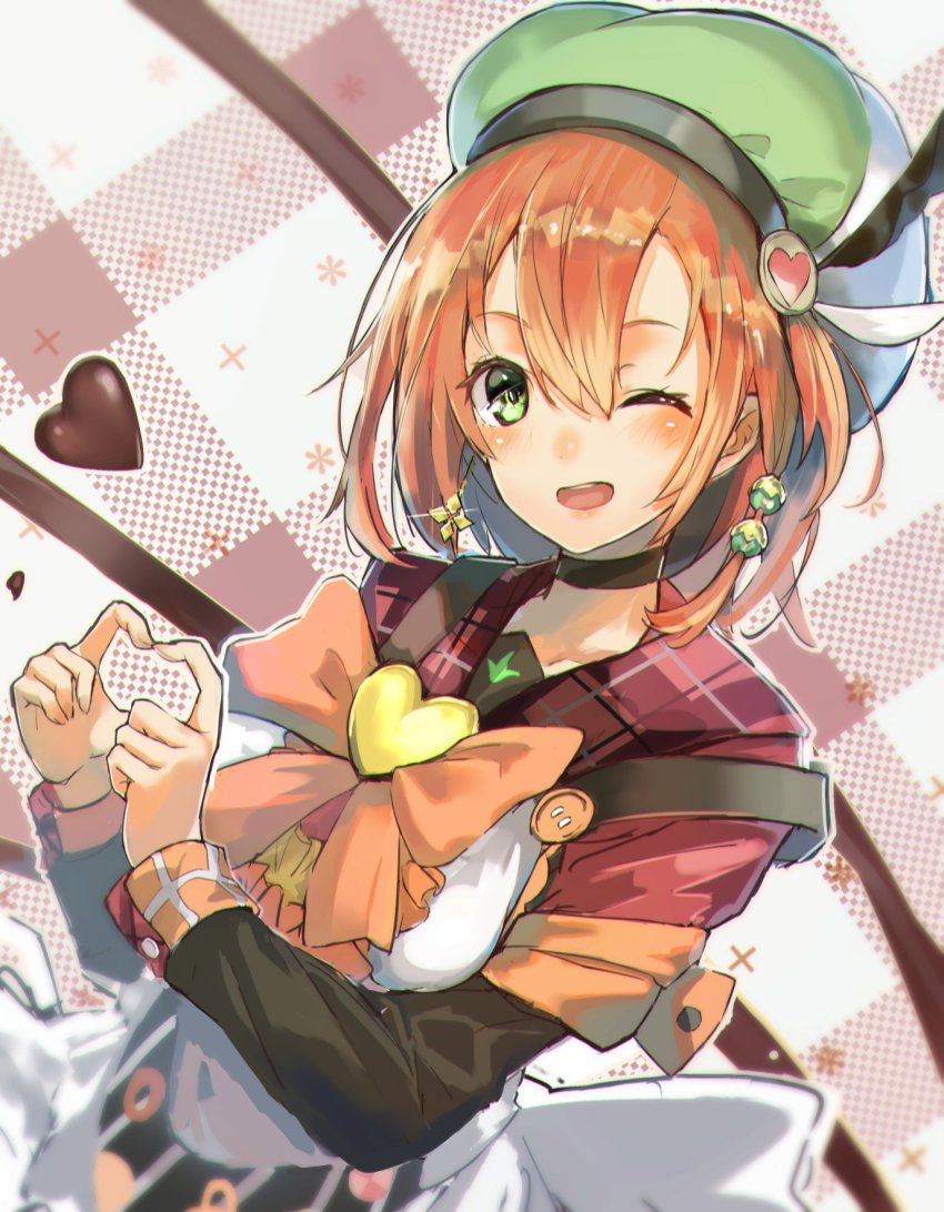 1girl, ;d, aloe_(flower_knight_girl), black_neckwear, blush, bow, brooch, brown_hair, choker, cruel_gz, earrings, female_focus, flower_knight_girl, hair_ornament, hat, heart, heart_brooch, heart_hands, highres, jewelry, one_eye_closed, open_mouth, orange_bow, plaid_background, shirt, short_hair, smile, solo, upper_body