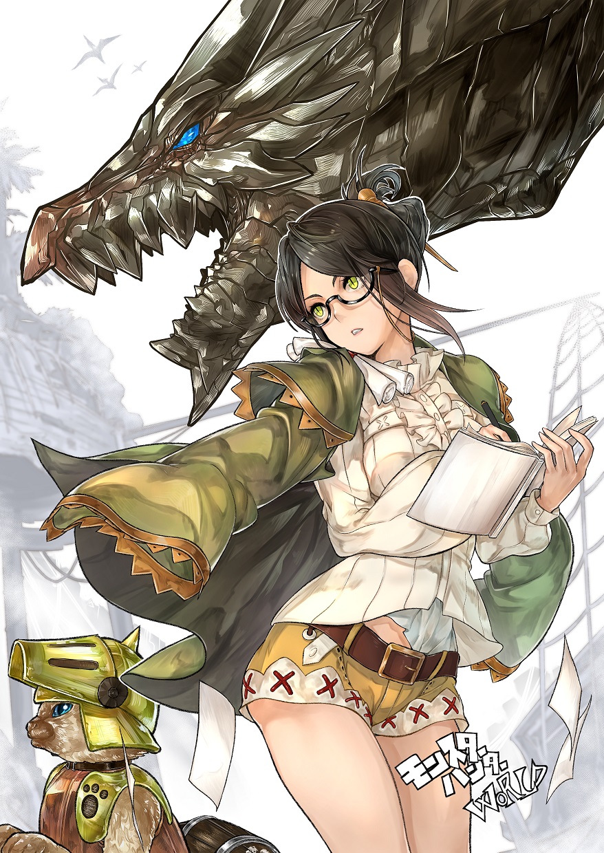 1girl, armor, belt, bird, black_hair, blue_eyes, breasts, brown_belt, brown_hair, capcom, coat, commentary, cuffs, dragon, felyne, flying_paper, frilled_shirt, frilled_shirt_collar, frills, glasses, gradient_hair, green_coat, guildmarm_(monster_hunter), hair_ornament, hair_stick, helm, helmet, highres, holding, holding_pen, jacket, jacket_on_shoulders, kei_(keiclear), kushala_daora, long_sleeves, medium_breasts, monster_hunter_(series), multicolored_hair, notebook, pants, paper, paw_print, pen, scales, semi-rimless_eyewear, shirt, shorts, sidelocks, sleeve_cuffs, slit_pupils, teeth, thighs, translated, undershirt, white_shirt, yellow_eyes, yellow_pants