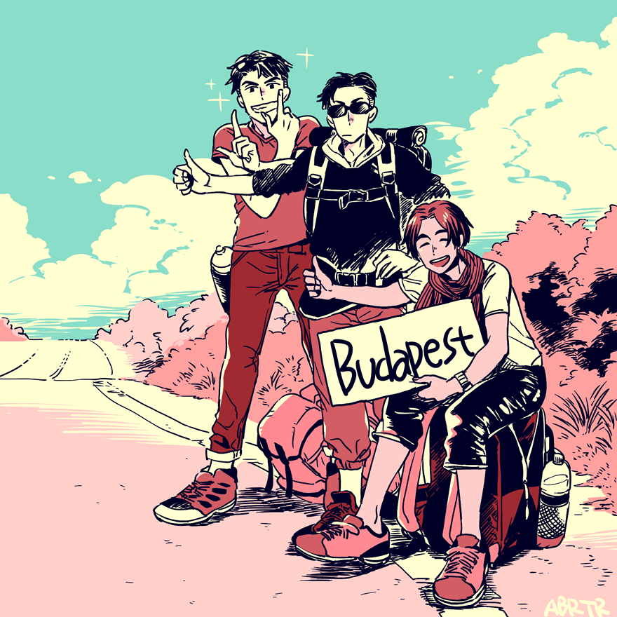 3boys, ^_^, backpack, bag, black_hair, bottle, brown_hair, closed_eyes