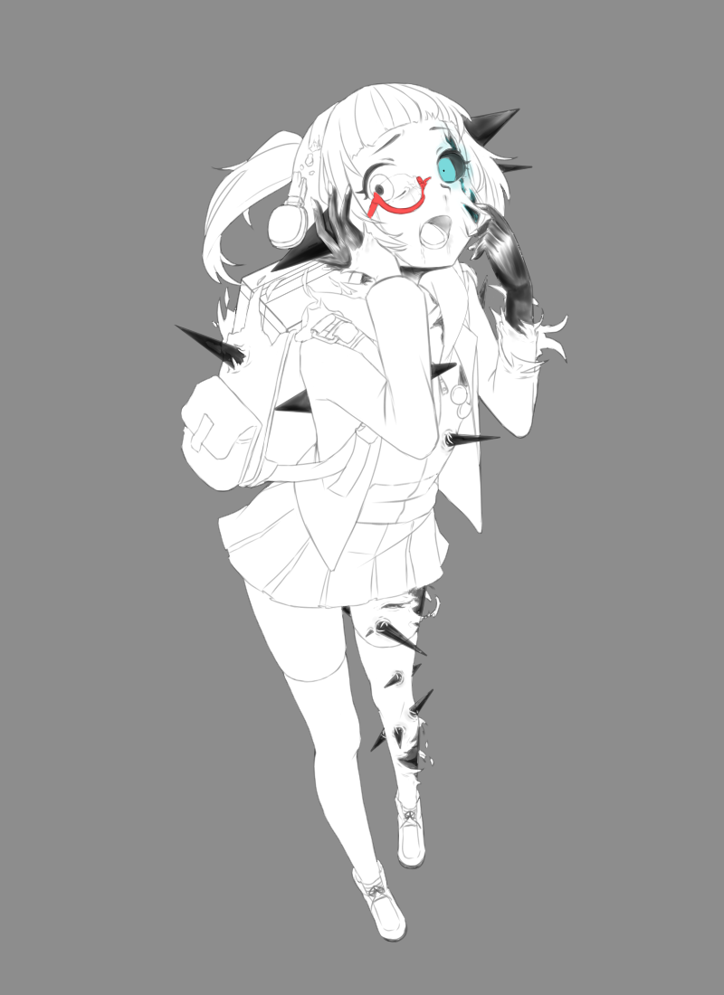 1girl, aqua_eyes, backpack, bag, black_sclera, black_skin, caligula_(game), caligula_(series)