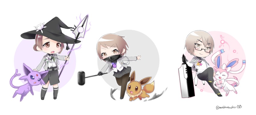 1boy, 2girls, brown_eyes, brown_hair, caligula_(game), caligula_(series), commentary_request, crossover