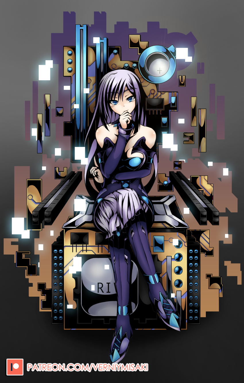 1girl, bare_shoulders, blue_eyes, boots, breasts, detached_sleeves, dress, female_focus