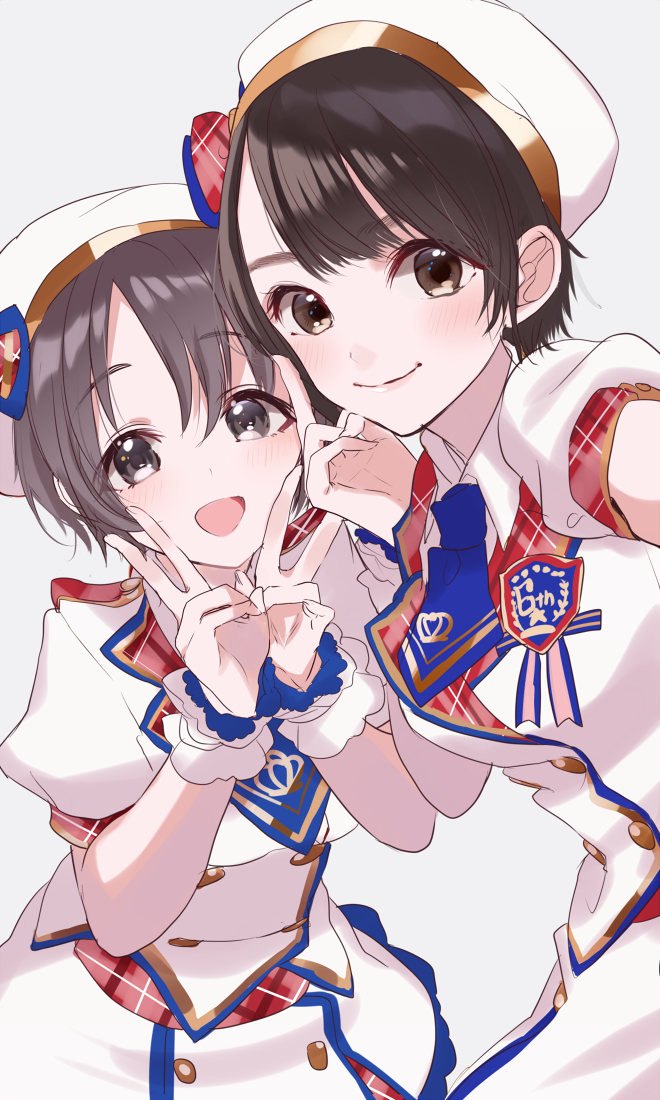 2girls, :d, asai_ayaka, bad_id, bad_pixiv_id, beret, blush, brown_eyes