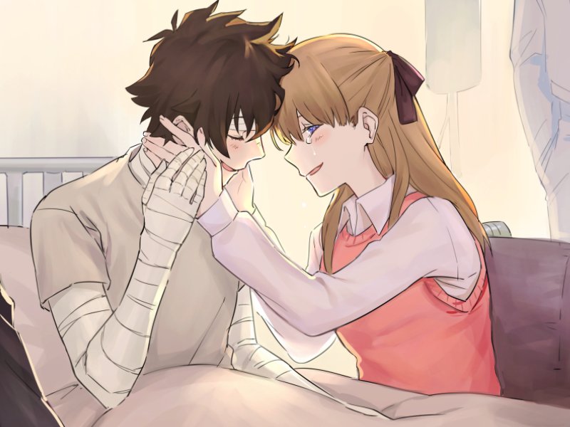 1boy, 1girl, bad_id, bad_twitter_id, bandaged_arm, bandages, bed, blonde_hair, blue_eyes, blush, brother_and_sister, brown_hair, brown_ribbon, closed_eyes, collared_shirt, commentary, crying, crying_with_eyes_open, dashi_(minzoku_gb), hair_ribbon, half_updo, hand_on_another's_cheek, hand_on_another's_face, hospital, hospital_bed, indoors, kekkai_sensen, leonardo_watch, long_hair, long_sleeves, michella_watch, pink_sweater, ribbon, shirt, short_sleeves, siblings, sitting, smile, sweater, t-shirt, tears, wheelchair, white_shirt