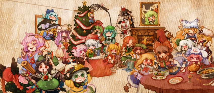 6+girls, alice_margatroid, animal, animal_ears, animal_hat, animal_on_head, bad_id, bad_pixiv_id, blonde_hair, blush, camera, cardcaptor_sakura, cat, cat_on_head, chen, christmas, christmas_tree, cirno, crona_(soul_eater), drifloon, everyone, ex-keine, female_focus, fireplace, flandre_scarlet, food, fuuin_no_tsue, gen_4_pokemon, gift, gundam, hairband, hakurei_reimu, hat, highres, hong_meiling, horns, ibuki_suika, inubashiri_momiji, izayoi_sakuya, kaenbyou_rin, kagiyama_hina, kamishirasawa_keine, kawashiro_nitori, kirisame_marisa, koakuma, komeiji_koishi, komeiji_satori, konpaku_youmu, long_hair, long_image, long_sleeves, magical_girl, mizuhashi_parsee, mob_cap, mobile_suit_gundam, multiple_girls, nintendo, on_head, parody, patchouli_knowledge, pokemon, pokemon_(creature), portrait, ragnarok_(soul_eater), reiuji_utsuho, remilia_scarlet, ribbon, ruto_(petatann), rx-78-2_gundam, saigyouji_yuyuko, shameimaru_aya, shoes, short_hair, soul_eater, tassel, tears, touhou, wide_image, wide_sleeves, yakumo_ran, yakumo_yukari, yukkuri_shiteitte_ne