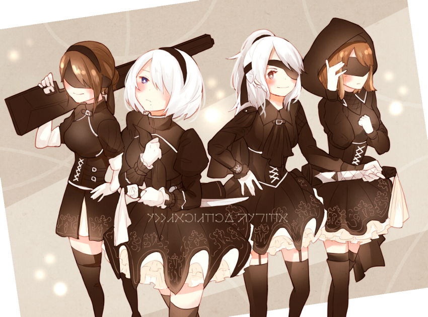 2b_(nier:automata), 4girls, 9s_(nier:automata), a2_(nier:automata), android, arm_at_side, armlet, axi125
