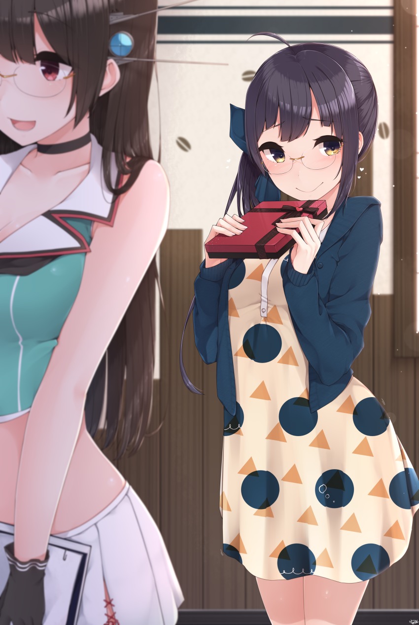 2girls, absurdres, ahoge, alternate_costume, beret, bespectacled, black_gloves, black_hair