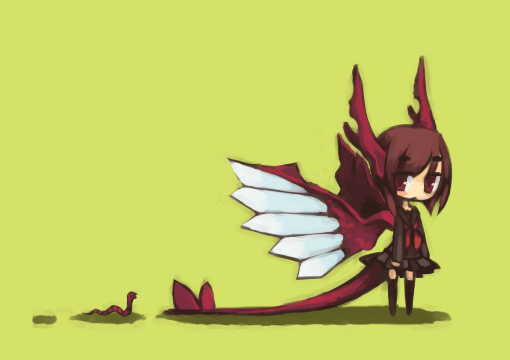 brown_hair, chibi, dragon_girl, horns, monster_girl, nakayokosotosoto, red_eyes, school_uniform, short_hair, solo, tail, very_long_tail, wings, worm