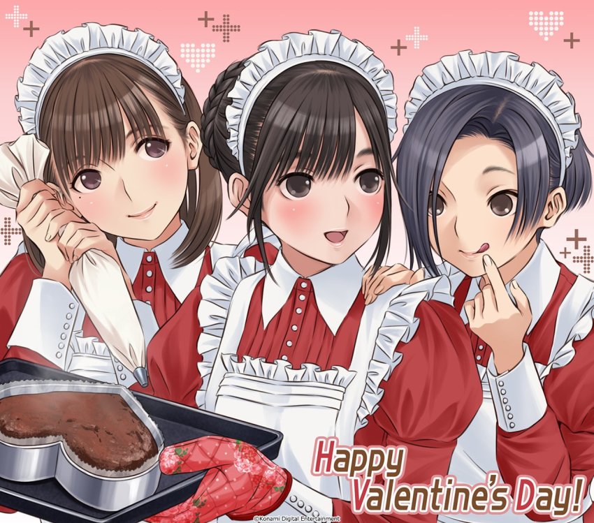 3girls, :q, alternate_hairstyle, anegasaki_nene, apron, artist_request, baking_sheet, black_hair, braid, brown_eyes, brown_hair, buttons, cake_pan, candy, chocolate, chocolate_heart, english_text, fingernails, food, frilled_apron, frills, gradient_background, hair_over_one_eye, hand_on_another's_shoulder, hands_up, happy_valentine, headdress, heart, holding, kobayakawa_rinko, long_sleeves, looking_to_the_side, love_plus, medium_hair, mole, mole_under_eye, multiple_girls, official_art, open_mouth, oven_mitts, pastry_bag, short_hair, smile, takane_manaka, tongue, tongue_out, upper_body, valentine, watermark, white_apron