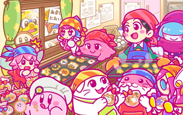 1boy, 6+girls, :q, adeleine, apron, bandana, bandana_waddle_dee, beanie, bird, black_hair, blue_hair, blue_hat, blush_stickers, cat, chef_hat, chuchu_(kirby), claycia, cookie, copy_ability, dark_matter_(kirby), egg, elline_(kirby), fairy, flour, food, food_on_face, gooey_(kirby), hair_over_eyes, hair_ribbon, hamster, hat, kine_(kirby), king_dedede, kirby, kirby's_dream_land_3, kirby:_planet_robobot, kirby_(series), kirby_64, kirby_and_the_rainbow_curse, kracko, licking_lips, max_profitt_haltmann, meta_knight, mr._bright, mr._shine, multicolored_hair, multiple_girls, nintendo, notepad, official_art, oven_mitts, pastry_bag, pick_(kirby), rayman_limbs, ribbon, ribbon_(kirby), rick_(kirby), scarf, shiro_(kirby), star-shaped_cookie, star-shaped_food, star_(symbol), susie_(kirby), taranza, tongue, tongue_out, tray, valentine, waddle_dee, waddle_doo, window, zero_(kirby)