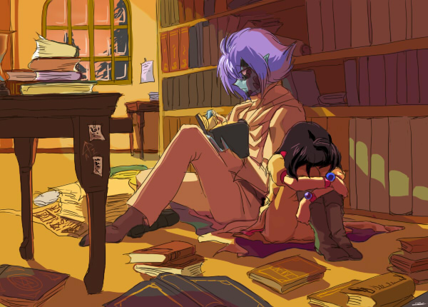 1boy, 1girl, amelia_wil_tesla_seyruun, black_hair, blue_skin, book, book_stack, bookshelf