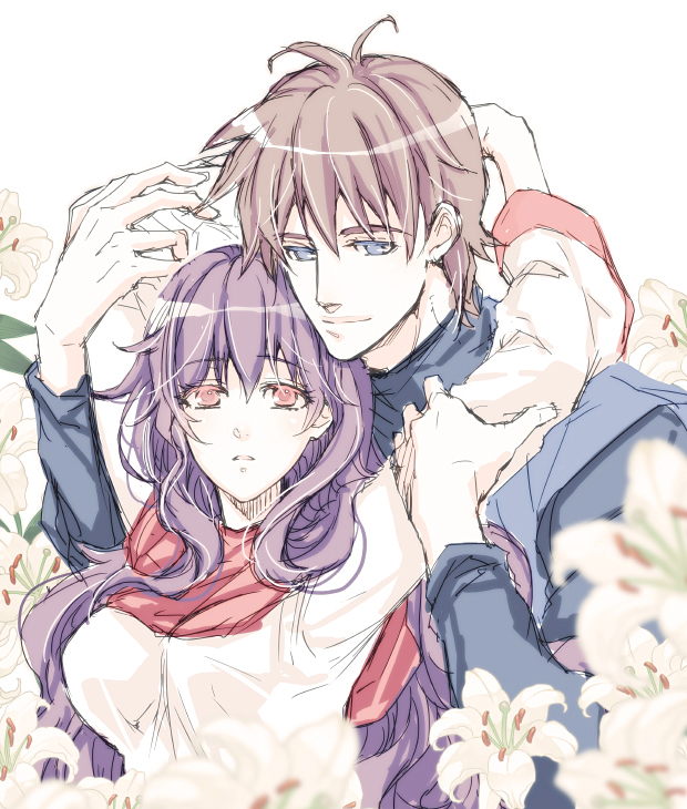 1980s_(style), 1boy, 1girl, bad_id, bad_pixiv_id, blue_eyes, breasts, commentary_request, dragon_quest, dragon_quest_ii, long_hair, oldschool, prince_of_lorasia, princess_of_moonbrook, robe, shinkan_minarai, short_hair, white_robe