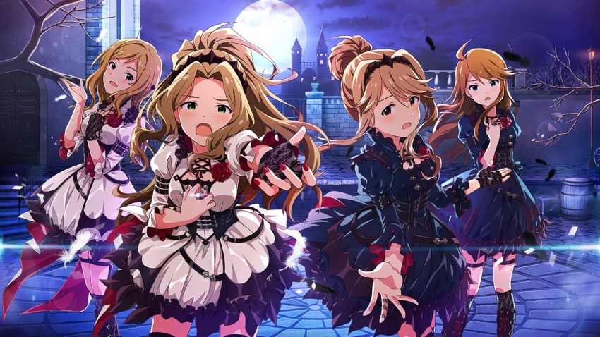 4girls, blush, brown_eyes, brown_hair, card_(medium), castle, dress, goth_fashion