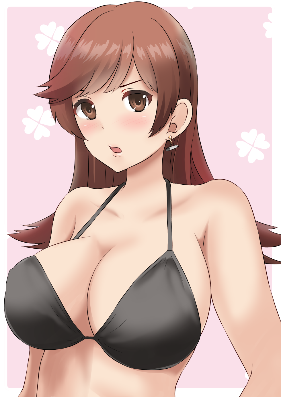 1girl, :o, bare_shoulders, bikini, bikini_top_only, black_bikini, blush, breasts, brown_eyes, brown_hair, cleavage, clover, collarbone, earrings, four-leaf_clover, halterneck, highres, jewelry, kamikitayotsuba, kantai_collection, large_breasts, long_hair, looking_at_viewer, ooi_(kancolle), open_mouth, pink_background, single_earring, straight_hair, swimsuit, torpedo_earrings, upper_body, v-shaped_eyebrows