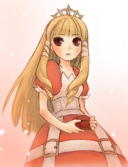 1girl, blonde_hair, boku_to_maou, crown, dress, female_focus, gown, lowres