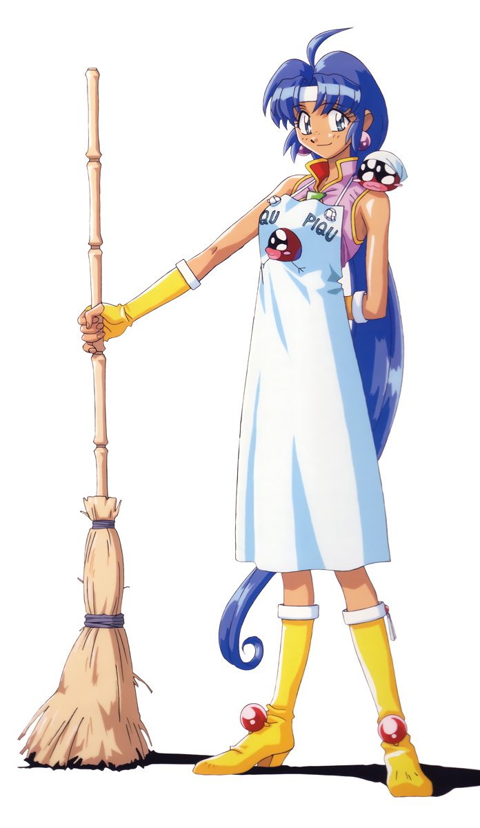 1990s_(style), 1girl, ahoge, apron, arm_behind_back, blue_hair, boots, cacao_(lamune)