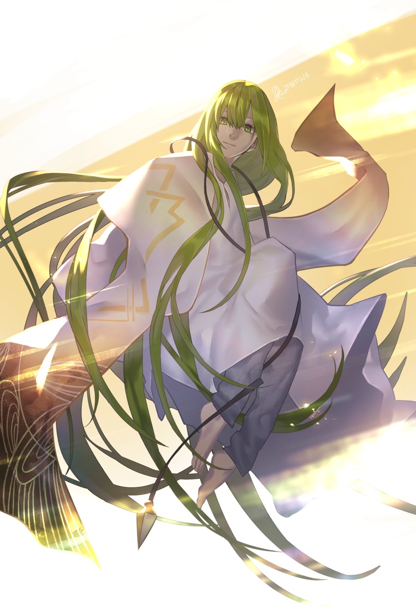 1boy, absurdres, androgynous, blue_pants, enkidu_(fate), fate/strange_fake, fate_(series), green_eyes