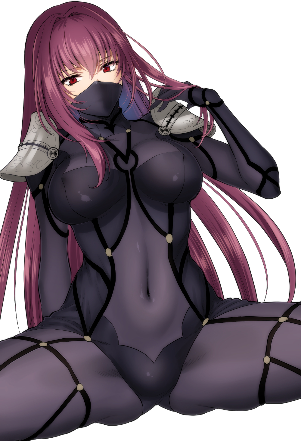 1girl, arm_at_side, arm_support, armor, bodysuit, breasts, covered_mouth, covered_navel