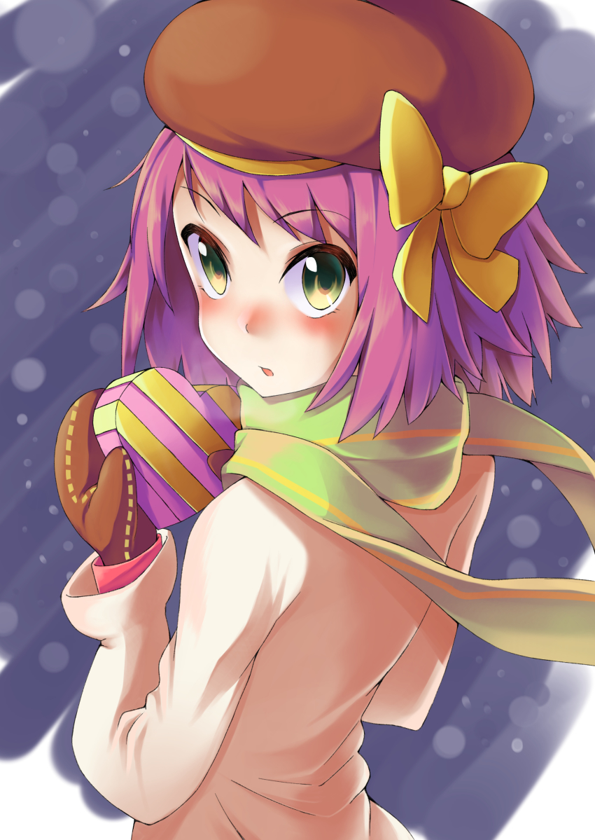1girl, absurdres, beret, blush, bow, box, capcom, child, coat, female_focus, gift, green_eyes, hat, hat_bow, heart, heart-shaped_box, highres, holding, holding_gift, looking_at_viewer, looking_back, mega_man_(series), mega_man_star_force_(series), misaki_yuuma, mittens, purple_hair, ribbon, scarf, short_hair, solo, sonia_strumm_(mega_man), upper_body, valentine