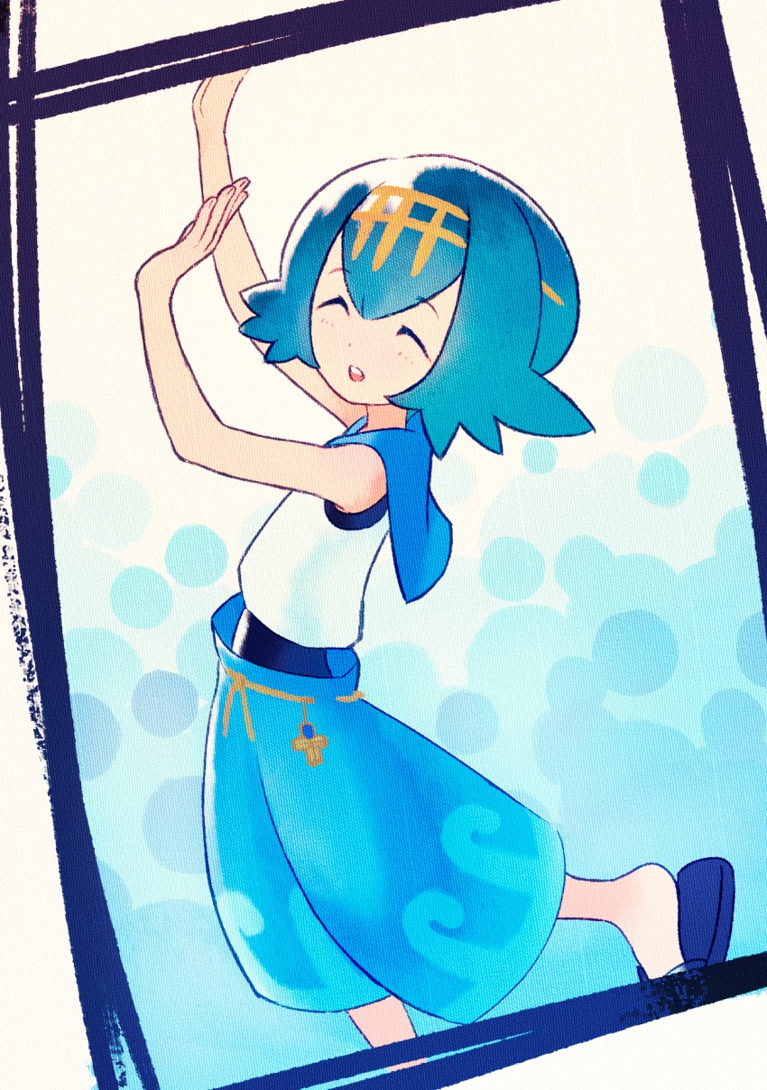 1girl, ^_^, arms_up, bare_arms, bare_shoulders, black_one-piece_swimsuit, blue_hair, blue_pants