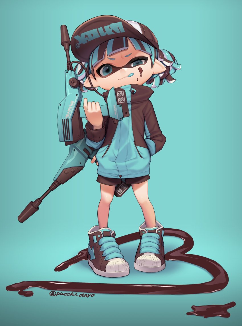 absurdres, aqua_eyes, dualie_squelchers_(splatoon), full_body, hat, highres, inkling, inkling_girl