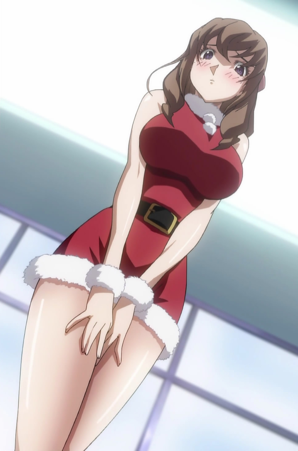 00s, 1girl, anime_screenshot, belt, between_legs, blush, breasts, brown_hair, christmas, dress, female_focus, from_below, hand_between_legs, highres, hirai_hisashi, huge_breasts, kujou_miu, kurogane_no_linebarrel, legs, santa_costume, short_dress, solo, thighs, wrist_cuffs
