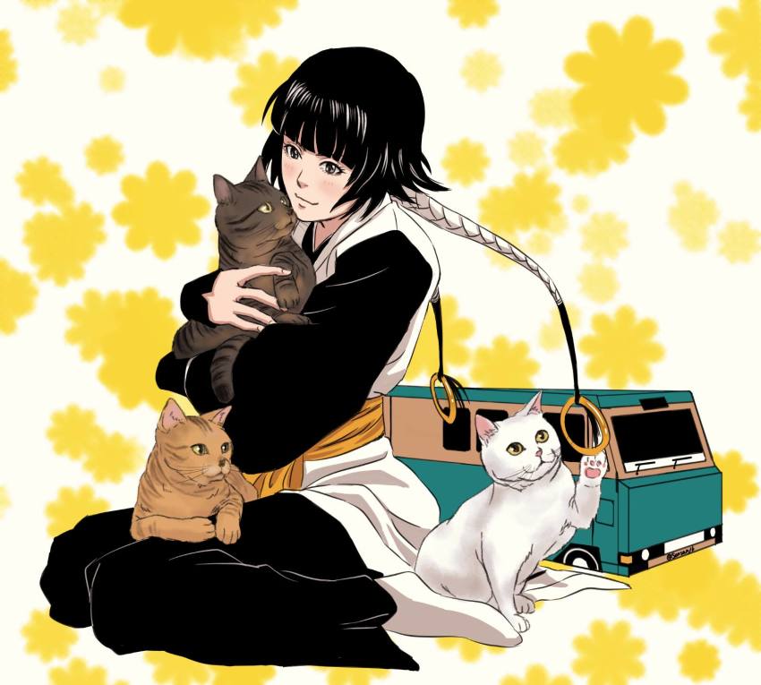 1girl, animal, bad_id, bad_pixiv_id, bleach, braid, brown_cat, brown_eyes, cat, floral_background, hair_ornament, haori, highres, holding, holding_animal, holding_cat, japanese_clothes, san-san_(pixiv16523866), short_hair_with_long_locks, sitting, smile, sui-feng, taichou_haori, twin_braids, white_cat