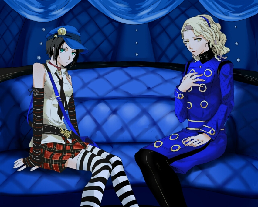 2girls, bad_id, bad_pixiv_id, bare_shoulders, bell, black_hair, blonde_hair, blue_eyes, newsboy_cap, choker, coat, couch, elbow_gloves, gloves, hairband, hand_on_own_chest, hat, hshs, long_hair, margaret_(persona), marie_(persona_4), multiple_girls, neck_bell, necktie, pantyhose, persona, persona_4, persona_4_the_golden, plaid_clothes, plaid_skirt, pleated_skirt, short_hair, sitting, skirt, sleeveless, striped_clothes, striped_legwear, striped_thighhighs, thighhighs, yellow_eyes