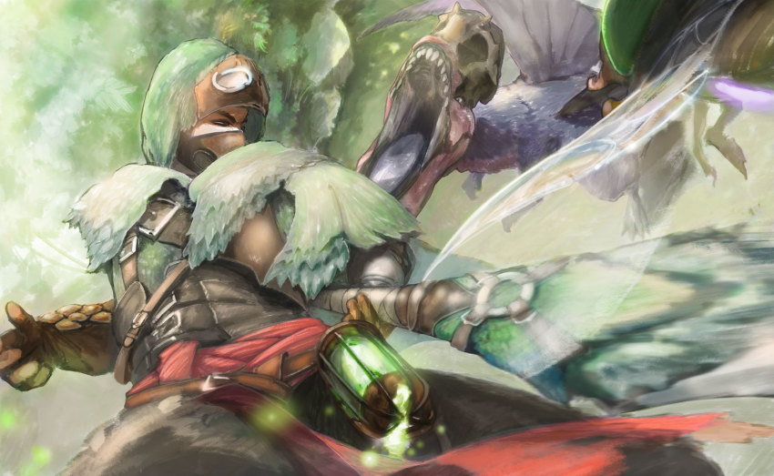 1boy, airborne, anjanath, armor, beetle, belt, belt_buckle, buckle, bug, capelet, covered_mouth, dinosaur, dragon, flying, fur, gauntlets, glowing, highres, holding, holding_weapon, hood, hood_up, hooded_capelet, insect, bug_cage, insect_glaive, mask, monster_hunter:_world, monster_hunter_(series), motion_blur, pinsket, polearm, pukei-pukei_(armor), sharp_teeth, teeth, weapon, wings