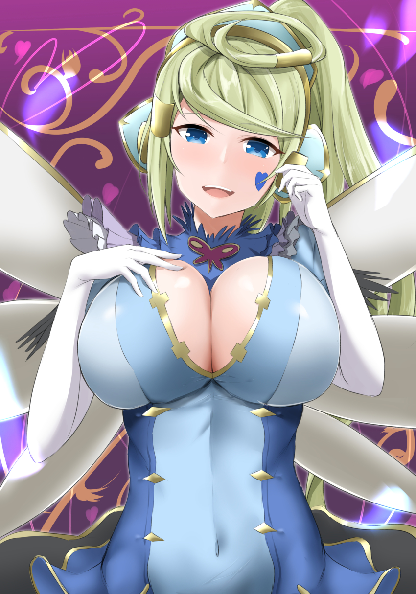 absurdres, breasts, cleavage, duel_monster, facial_tattoo, highres, kirikan_(cokekiri), ponytail, solo, tattoo, trickstar_holly_angel, yu-gi-oh!, yu-gi-oh!_vrains, yuu-gi-ou, yuu-gi-ou_vrains