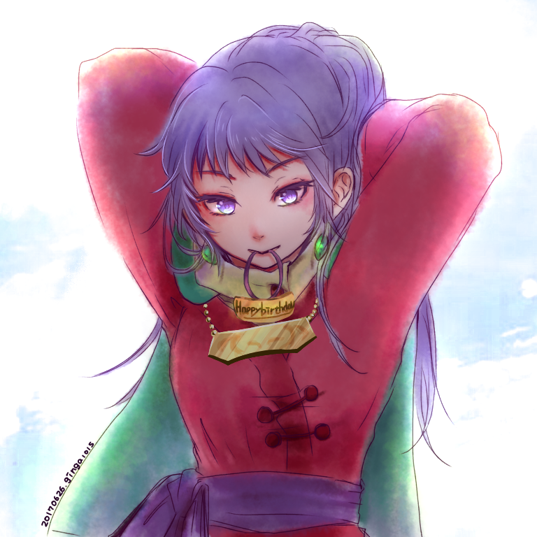 1girl, 2017, adjusting_hair, arc_the_lad, arc_the_lad_i, arms_behind_head, backlighting, breasts, closed_mouth, commentary_request, dated, day, female_focus, ginga1015, happy_birthday, jewelry, kukuru_(arc_the_lad), long_hair, mouth_hold, ponytail, purple_eyes, purple_hair, smile, solo, upper_body