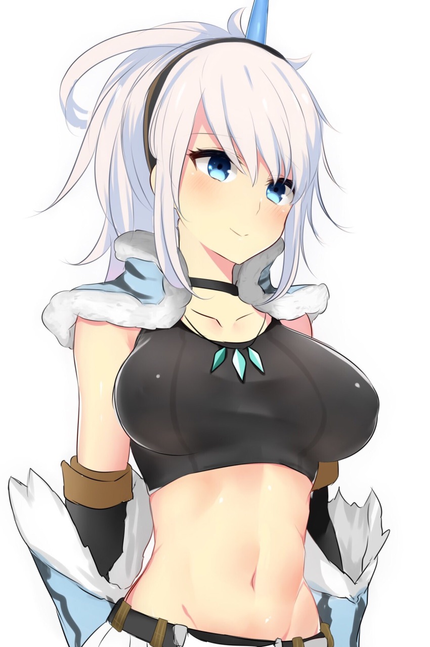 1girl, blue_eyes, blush, breasts, capelet, crop_top, female_focus, furaggu, highres, horn_ornament, horns, jewelry, kirin_(armor), large_breasts, midriff, monster_hunter:_world, monster_hunter_(series), navel, necklace, single_horn, smile, solo, upper_body, vambraces, white_hair