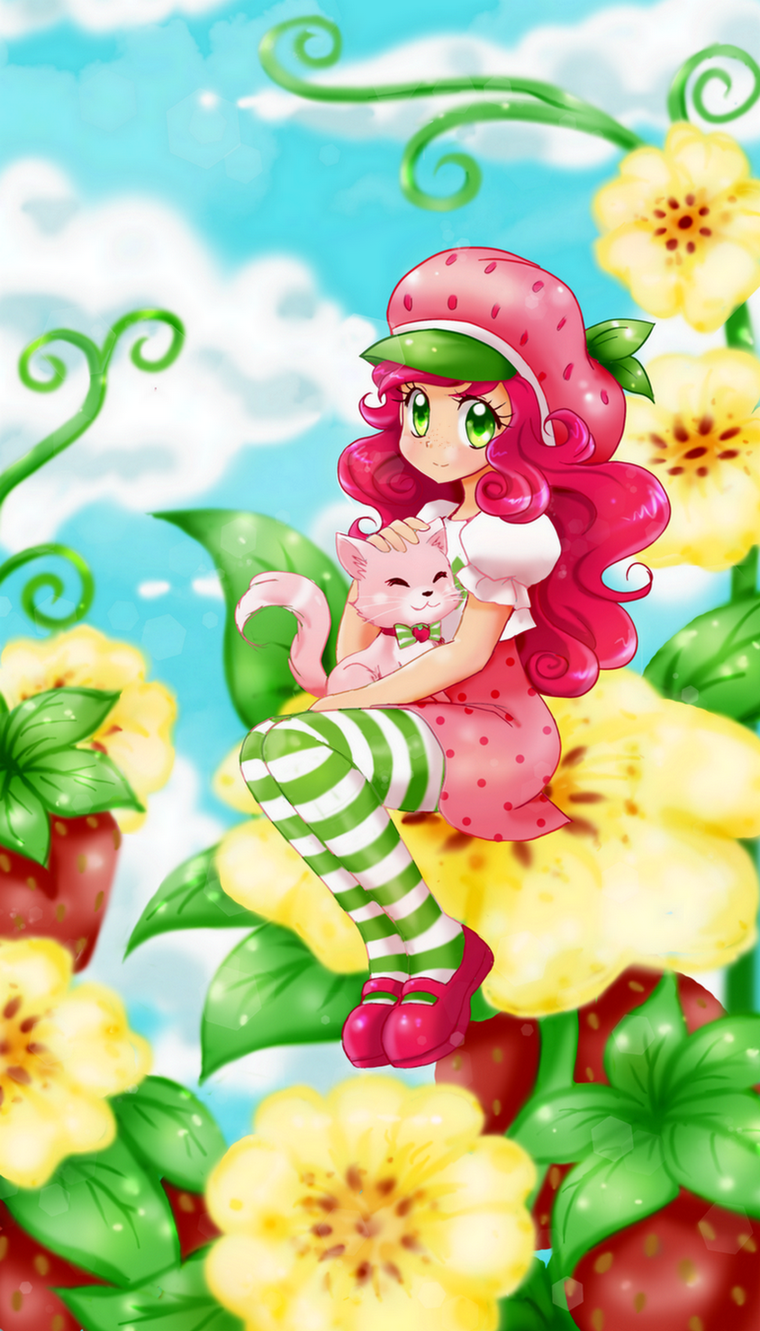 1girl, blue_sky, bow, bowtie, cat, closed_eyes, cloud, curly_hair, custard_(sbsc), day, dress, eyelashes, floral_background, flower, food, fruit, full_body, green_eyes, hat, headpat, highres, leaf, legs_together, long_hair, mini_person, minigirl, on_flower, pantyhose, pink_dress, pink_hair, polka_dot, polka_dot_dress, puffy_sleeves, shoes, short_sleeves, sitting, sky, strawberry, strawberry_shortcake_(character), strawberry_shortcake_(series), striped_clothes, striped_pantyhose, tsaianda