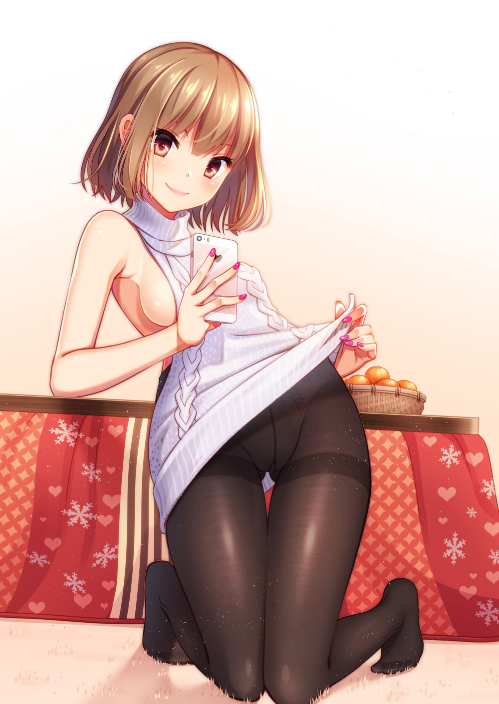 1girl, bare_arms, bare_shoulders, basket, black_pantyhose, blunt_bangs, brown_hair, carpet