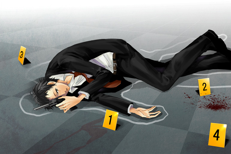 adachi_tooru, atlus, black_hair, blazer, blood, formal_clothes, gun, handgun