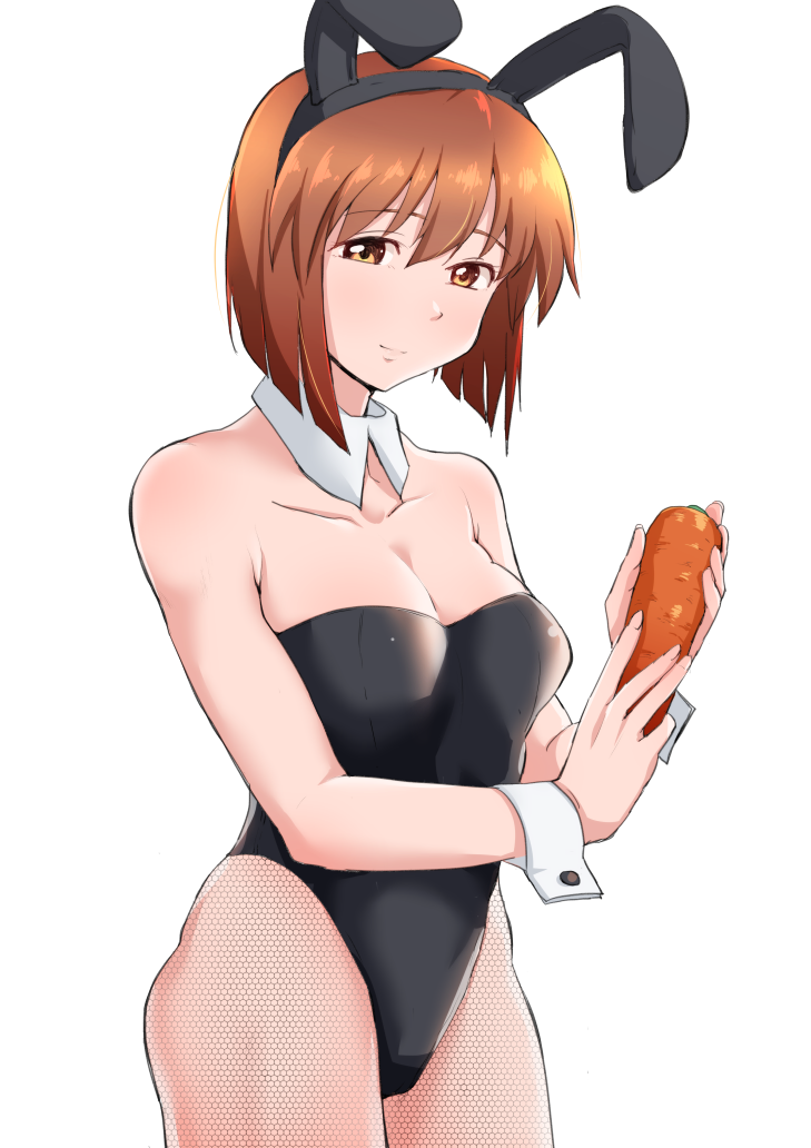 1girl, animal_ears, black_leotard, bob_cut, breasts, brown_eyes, brown_hair, carrot