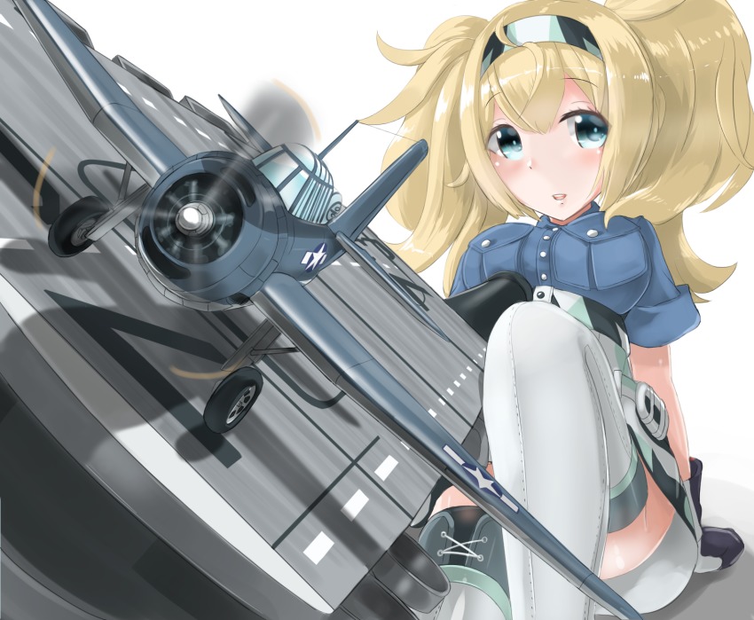 1girl, aircraft, airplane, belt_buckle, blonde_hair, blue_eyes, breast_pocket, breasts