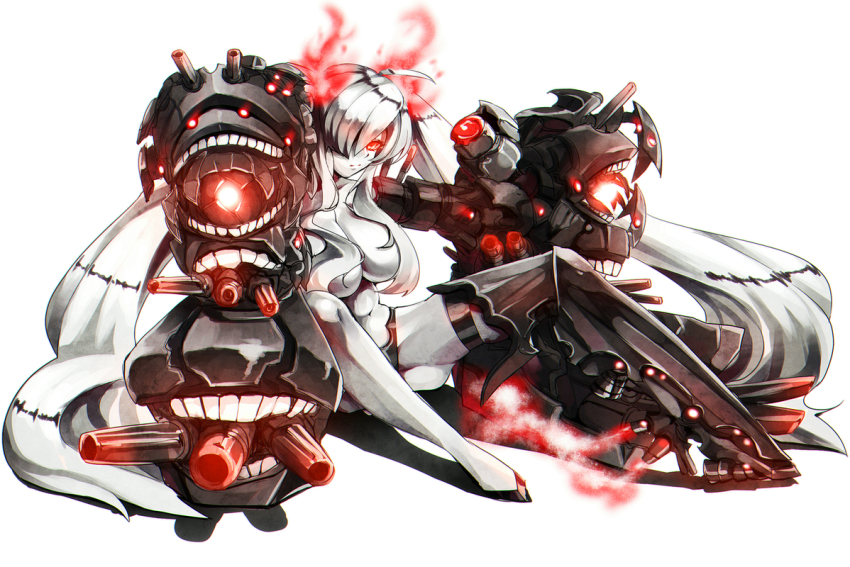 1girl, abyssal_ship, armor, armored_boots, asymmetrical_legwear, boots, breasts, burning_hair_ties
