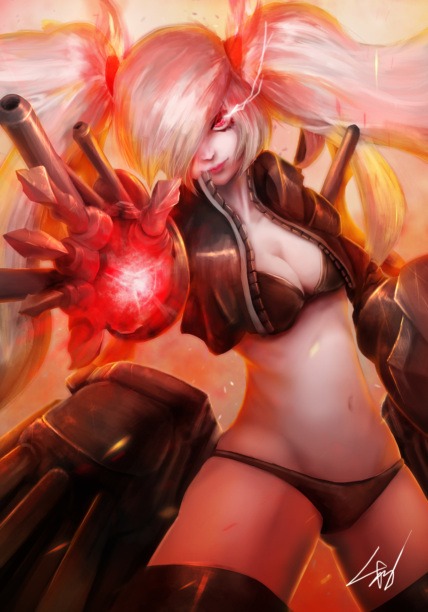 1girl, abyssal_ship, bikini, bikini_under_clothes, black_bikini, black_jacket, black_thighhighs, breasts, burning_hair_ties, claws, cleavage, closed_mouth, cowboy_shot, cropped_jacket, energy, female_focus, gauntlets, glowing, gohoucha, hair_over_one_eye, highres, jacket, kantai_collection, leaning, leather, leather_jacket, lips, lipstick, long_hair, looking_at_viewer, makeup, mechanical_arms, navel, realistic, red_eyes, rigging, ship_turret, solo, southern_ocean_war_oni, swimsuit, thighhighs, twintails, very_long_hair, white_hair