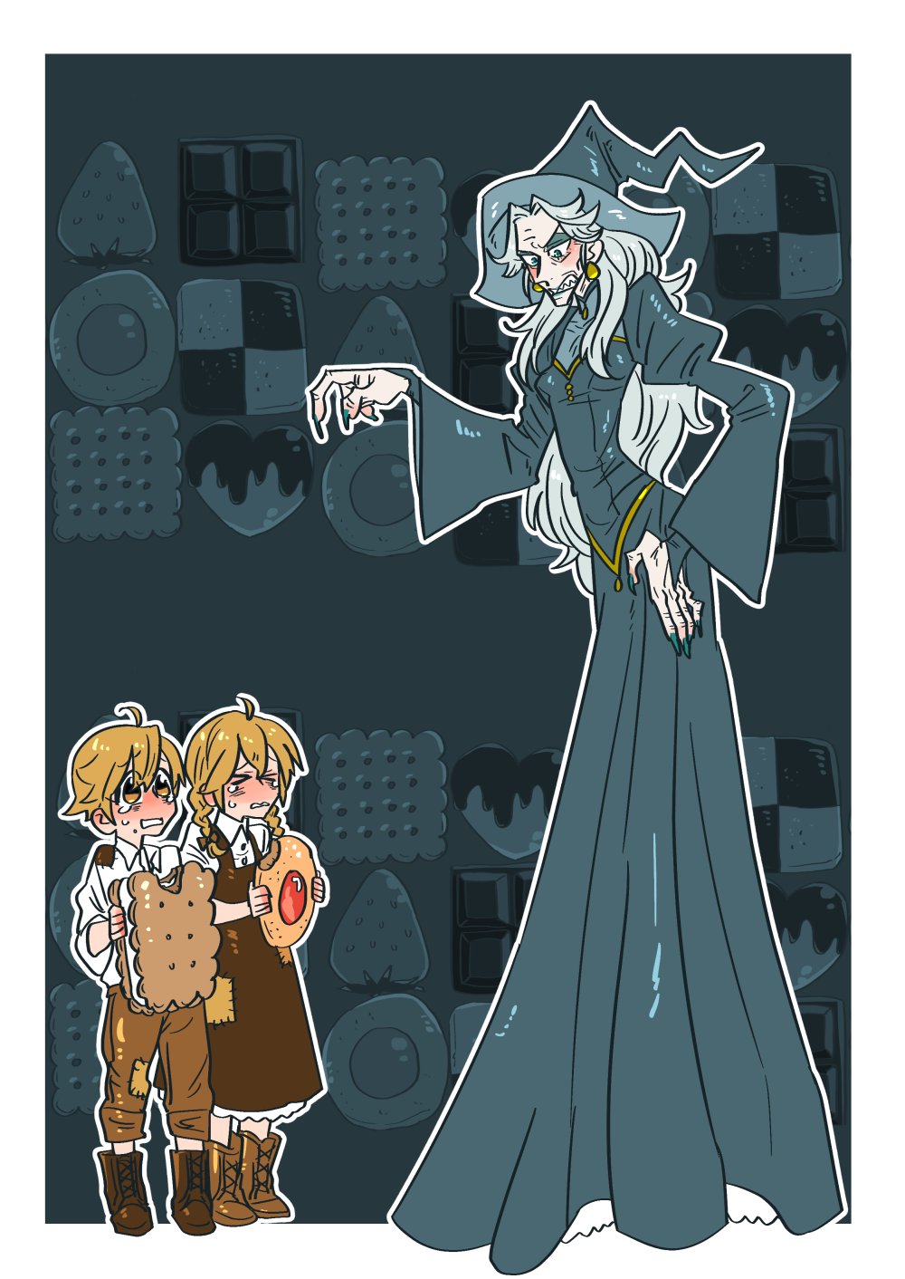 >_<, 1boy, 2girls, bad_id, bad_twitter_id, blue_nails, boots, brother_and_sister, brown_hair, child, cookie, crying, dress, fingernails, food, gretel_(hansel_and_gretel), grey_hair, hand_on_own_hip, hansel_(hansel_and_gretel), hansel_and_gretel, hat, highres, long_fingernails, majo_shuukai_de_aimashou, multiple_girls, nail_polish, old, old_woman, scared, siblings, tarousanlove1, witch, witch_hat