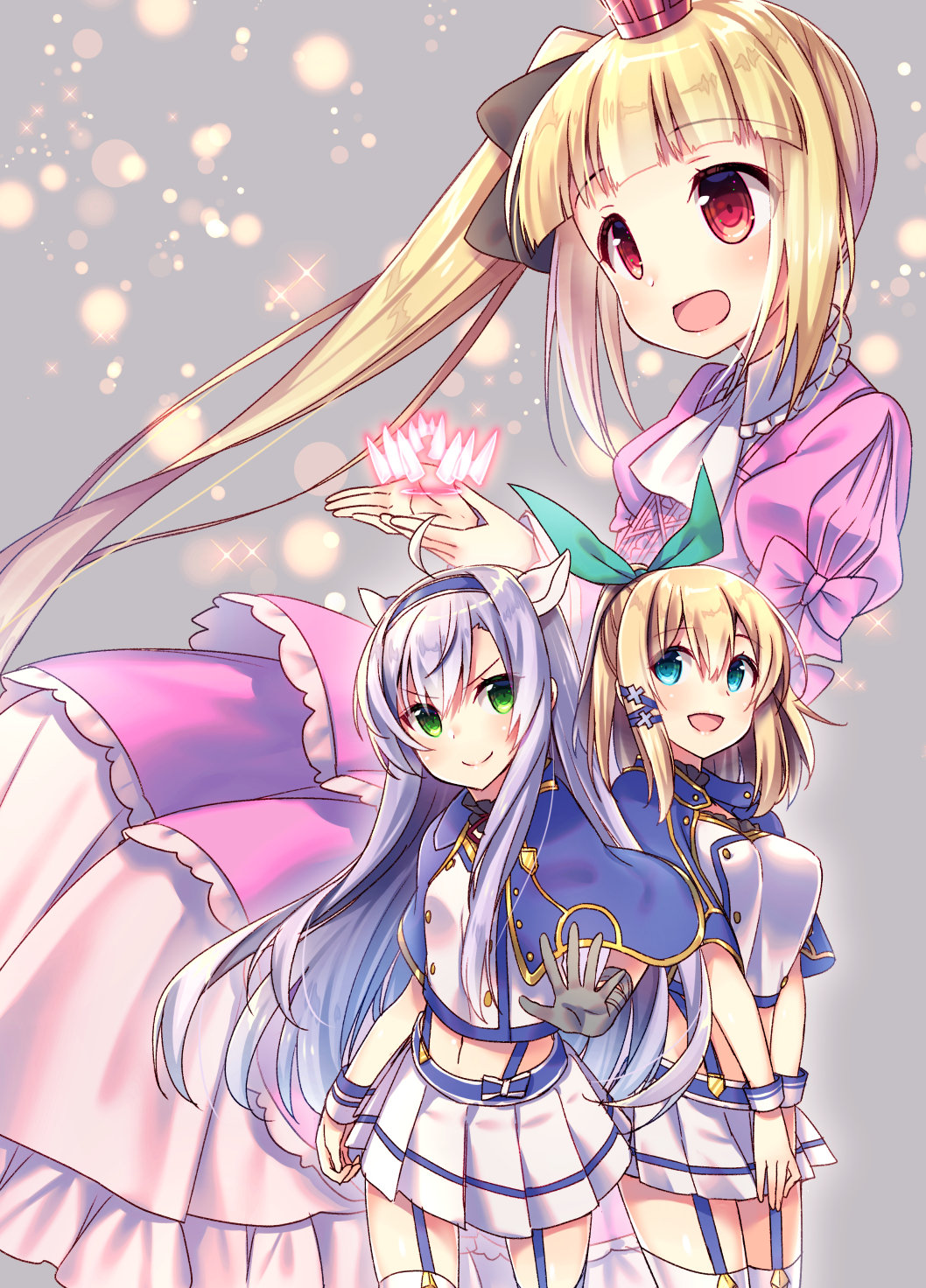 >:), 3girls, ahoge, alice_to_zouroku, alzano_school_uniform, ascot, black_bow, black_gloves