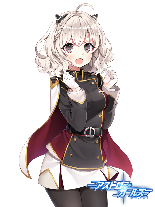 1girl, :d, ahoge, astro_and_girls, belt, black_belt, black_dress, blush