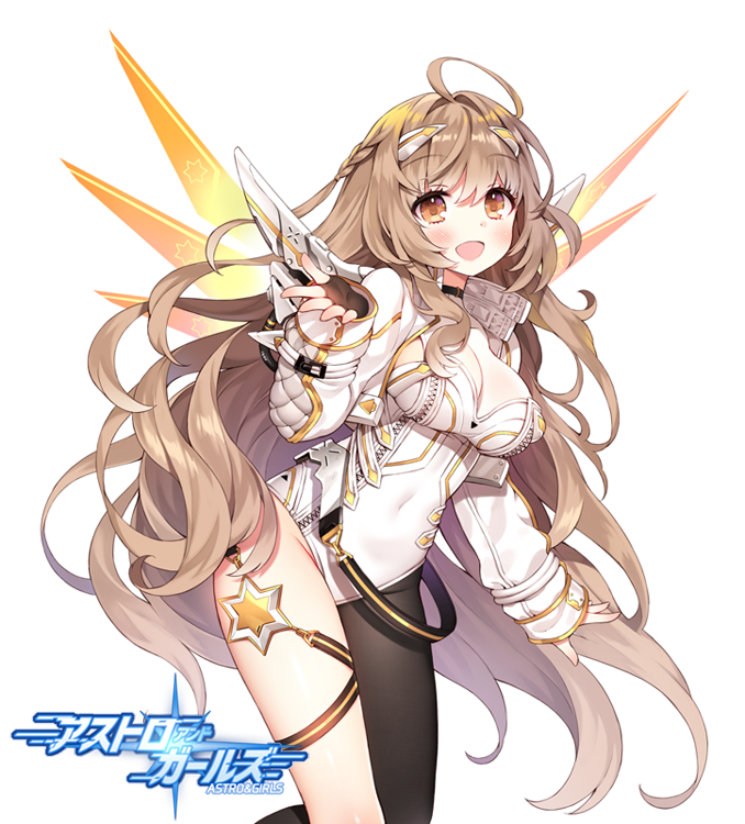 1girl, :d, ahoge, astro_and_girls, big_hair, black_gloves, black_pantyhose, blush