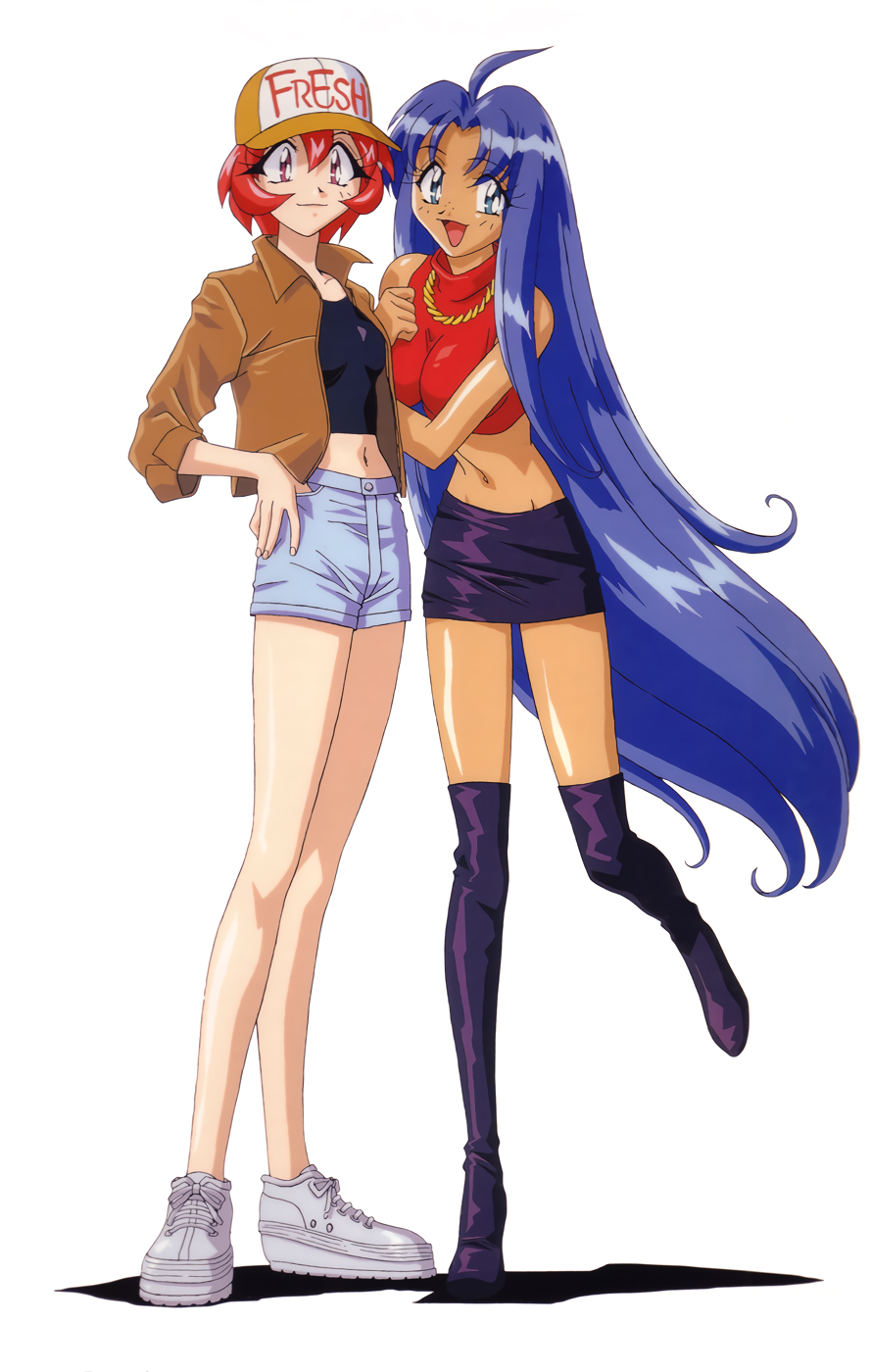 1990s_(style), 2girls, ahoge, arm_hug, baseball_cap, black_legwear, blue_eyes, blue_hair