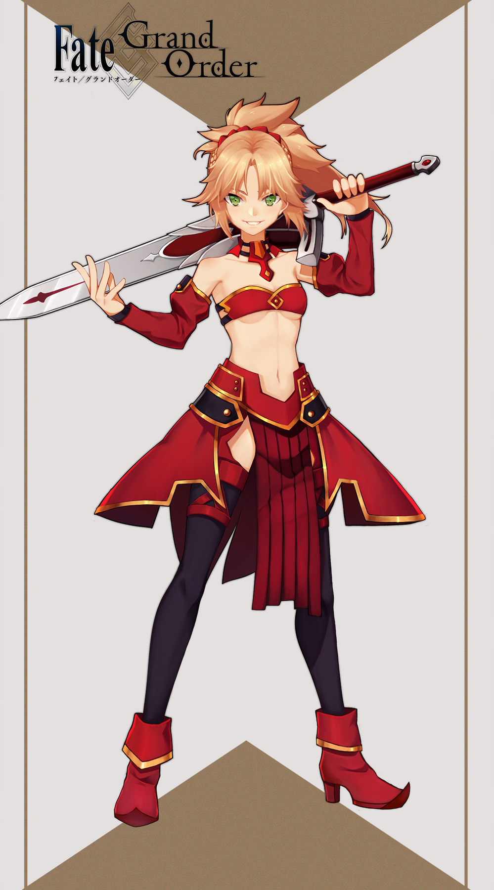 1girl, akipiz, ankle_boots, bad_id, bad_pixiv_id, black_thighhighs, blonde_hair, boots, bra, breasts, choker, clarent_(fate), cleavage, collarbone, copyright_name, detached_sleeves, fate/apocrypha, fate/grand_order, fate_(series), female_focus, floating_hair, full_body, green_eyes, grin, hair_ornament, hair_scrunchie, high_heel_boots, high_heels, high_ponytail, highres, holding, holding_sword, holding_weapon, long_hair, looking_at_viewer, midriff, mordred_(fate), mordred_(fate/apocrypha), mordred_(third_ascension)_(fate), navel, ponytail, red_boots, red_bra, red_scrunchie, scrunchie, small_breasts, smile, solo, standing, stomach, strapless, strapless_bra, sword, thighhighs, ude, underwear, weapon