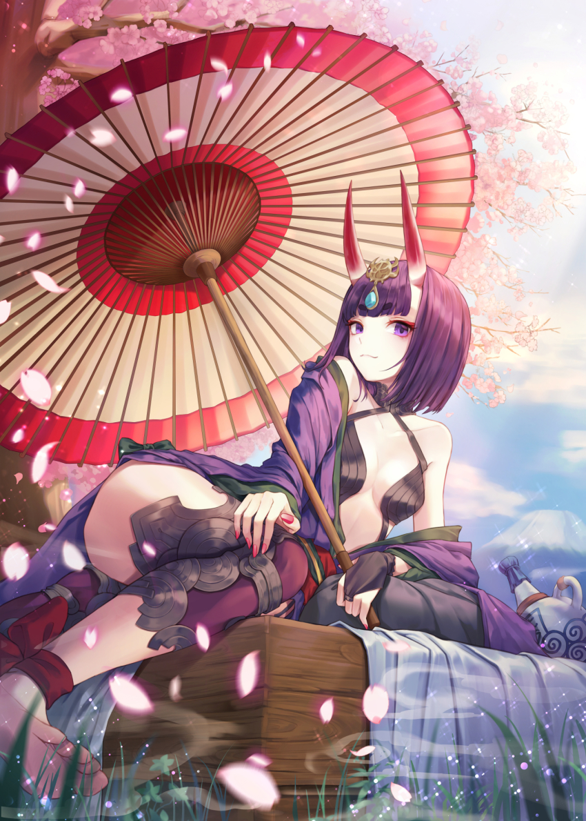 1girl, bad_id, bad_pixiv_id, black_thighhighs, breasts, fate/grand_order, fate_(series), female_focus, hair_ornament, highres, holding, horns, japanese_clothes, kimono, kone_(user_rcvz8745), oil-paper_umbrella, oni, open_clothes, open_kimono, petals, purple_eyes, purple_hair, purple_kimono, revealing_clothes, short_hair, shuten_douji_(fate), sitting, skin-covered_horns, small_breasts, smile, solo, thighhighs, umbrella