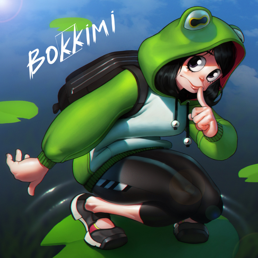 10s, 1girl, alexander_terentyev, animal_hood, asui_tsuyu, backpack, bag, black_hair